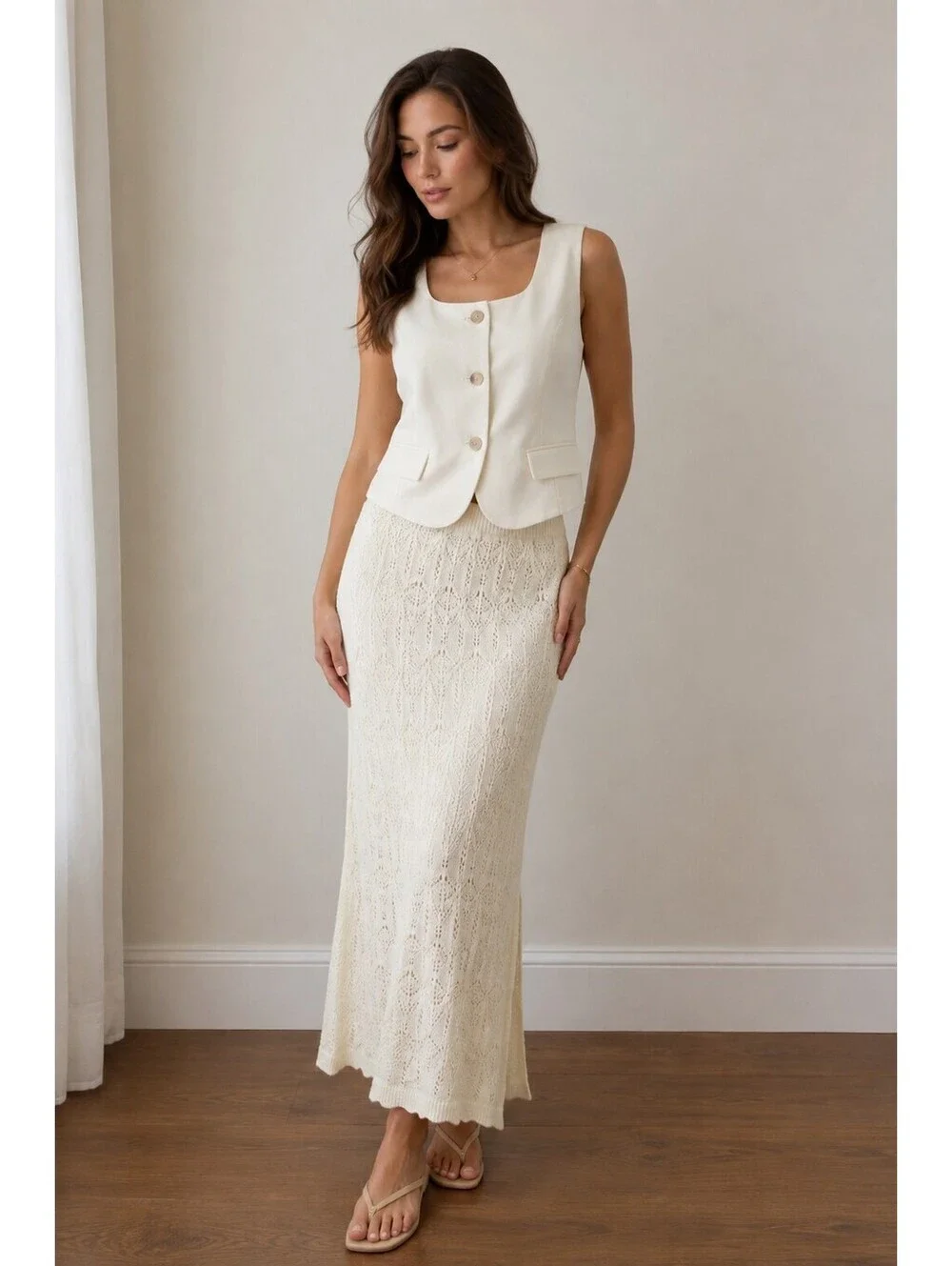 A New Day L Ivory Crochet Knit Midi Skirt NWT